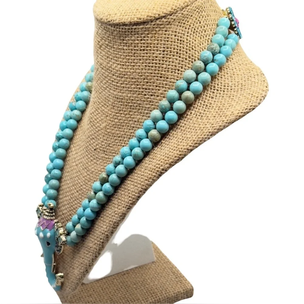 Elephant Teal Turquoise Stone and Jewel Statement Necklace 12”